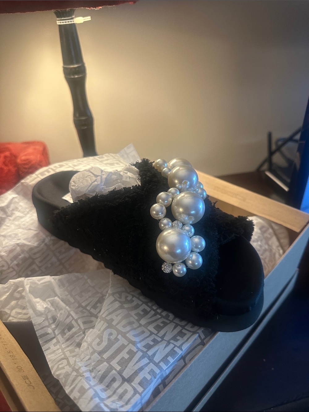 Steve Madden Black Pearl-Cluster Fuzzy Slide Mules